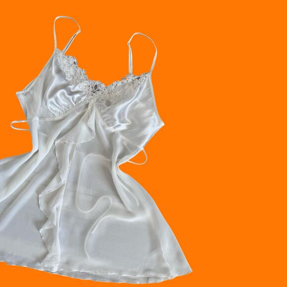 00's vintage white satin chiffon y2k bridal wedding lingerie slip dress MEDIUM - Picture 2 of 12